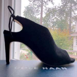 Brand New In Box Cole Haan Emmett Black Suede Peep Toe Ankle Booties - Size 7
